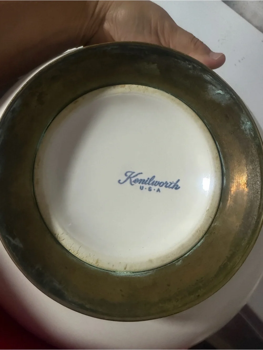 Vintage 1950’s White Ceramic Bowl with Brass Stand